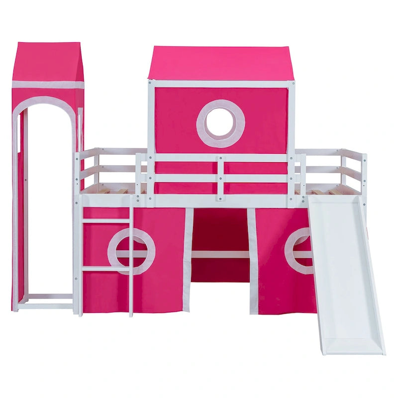 Castello soppalco blu/rosa con scivolo, torretta e scaletta – singolo/una piazza e mezza, 1 bambino