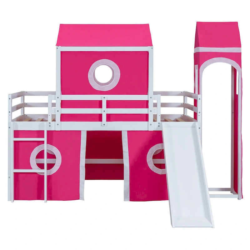 Castello soppalco blu/rosa con scivolo, torretta e scaletta – singolo/una piazza e mezza, 1 bambino