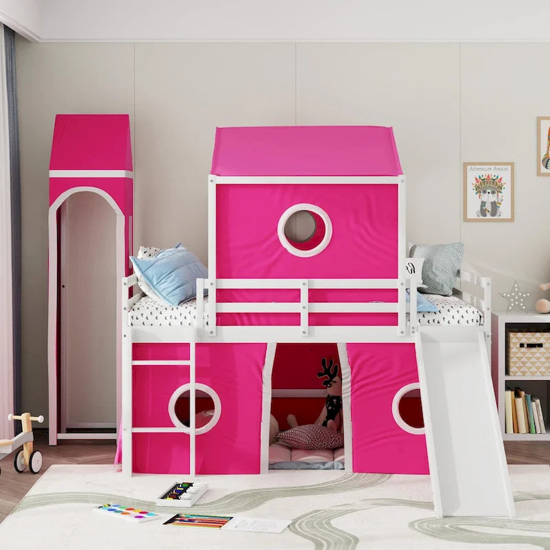 Castello soppalco blu/rosa con scivolo, torretta e scaletta – singolo/una piazza e mezza, 1 bambino
