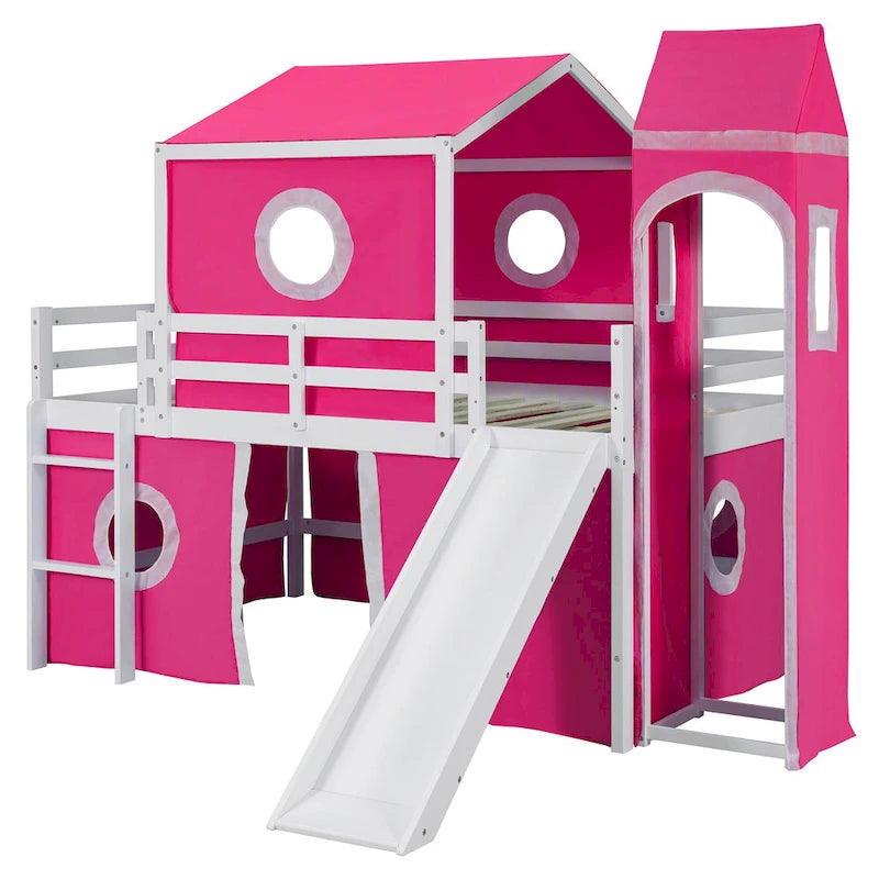 Castello soppalco blu/rosa con scivolo, torretta e scaletta – singolo/una piazza e mezza, 1 bambino