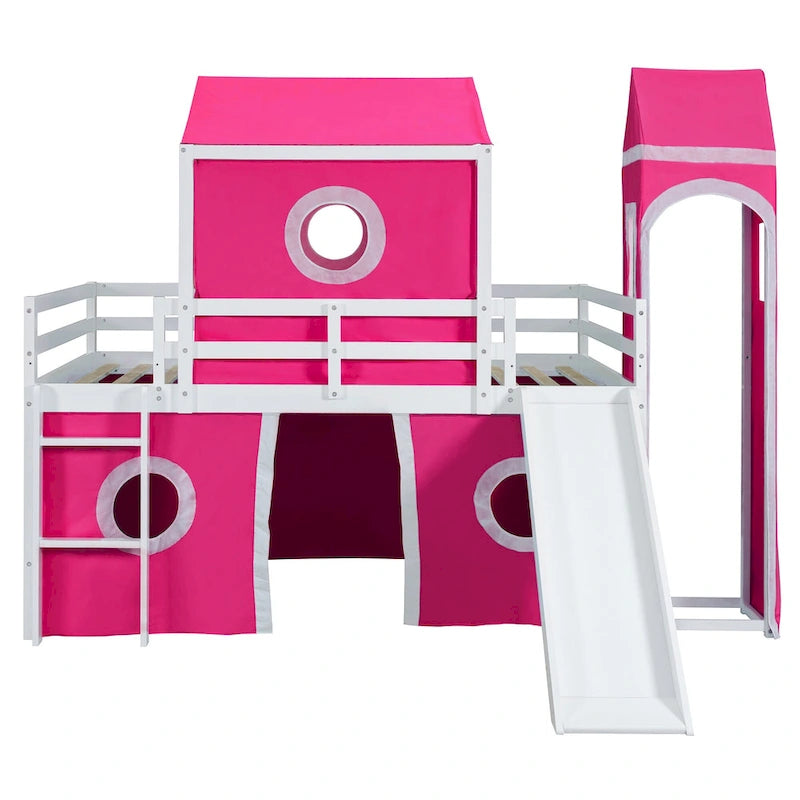 Castello soppalco blu/rosa con scivolo, torretta e scaletta – singolo/una piazza e mezza, 1 bambino
