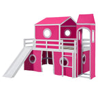 Castello soppalco blu/rosa con scivolo, torretta e scaletta – singolo/una piazza e mezza, 1 bambino