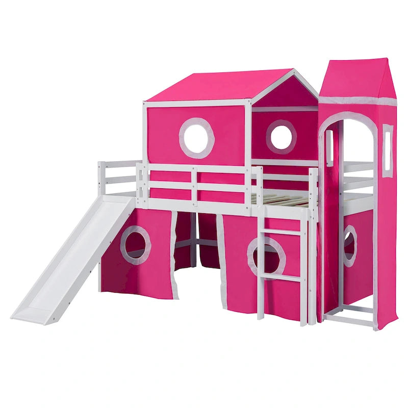 Castello soppalco blu/rosa con scivolo, torretta e scaletta – singolo/una piazza e mezza, 1 bambino