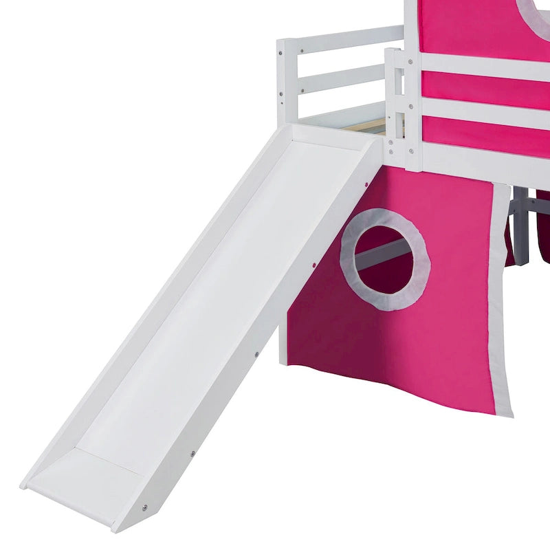 Castello soppalco blu/rosa con scivolo, torretta e scaletta – singolo/una piazza e mezza, 1 bambino