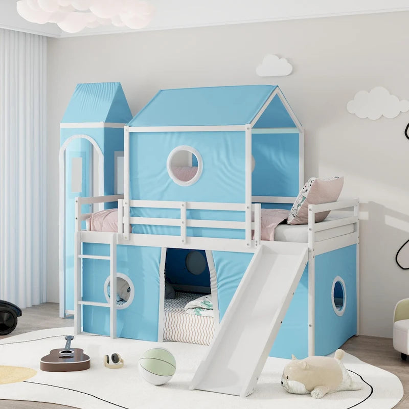 Castello soppalco blu/rosa con scivolo, torretta e scaletta – singolo/una piazza e mezza, 1 bambino
