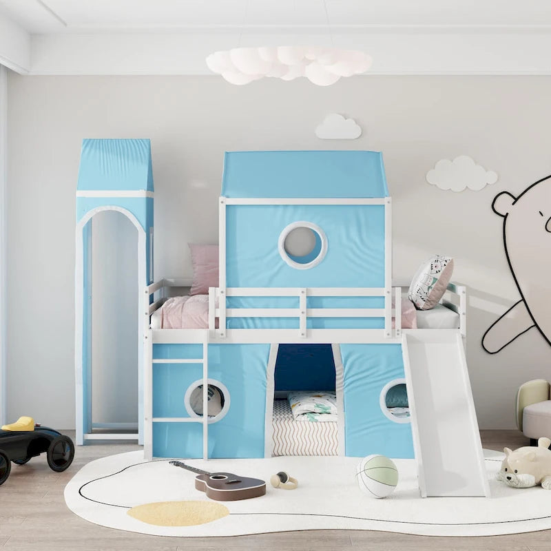Castello soppalco blu/rosa con scivolo, torretta e scaletta – singolo/una piazza e mezza, 1 bambino