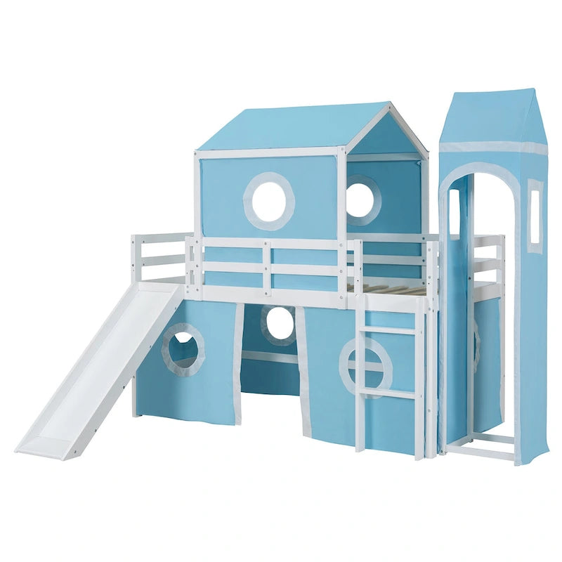 Castello soppalco blu/rosa con scivolo, torretta e scaletta – singolo/una piazza e mezza, 1 bambino