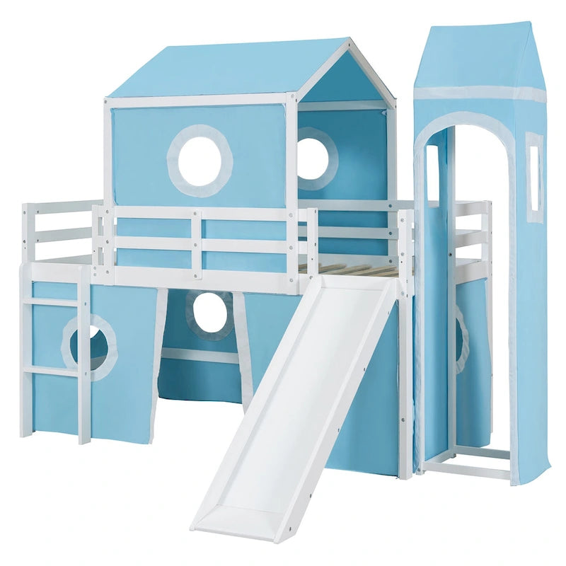 Castello soppalco blu/rosa con scivolo, torretta e scaletta – singolo/una piazza e mezza, 1 bambino