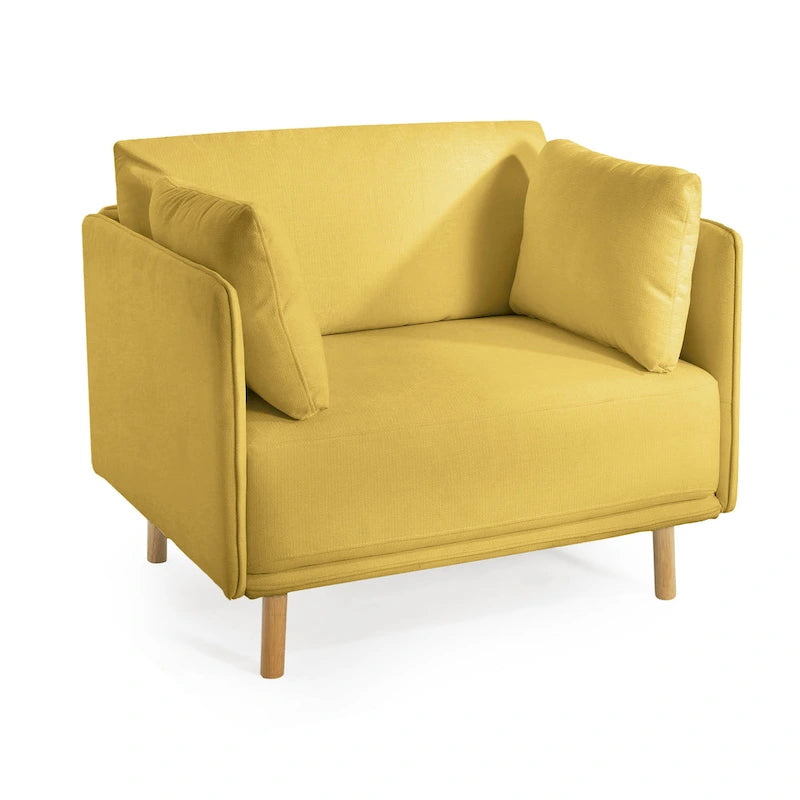Poltrona d'accento rivestita in tessuto bianco/giallo, seduta singola, gambe in legno