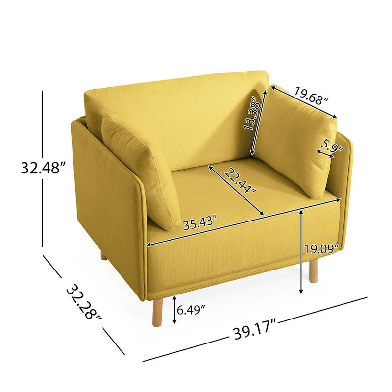 Poltrona d'accento rivestita in tessuto bianco/giallo, seduta singola, gambe in legno