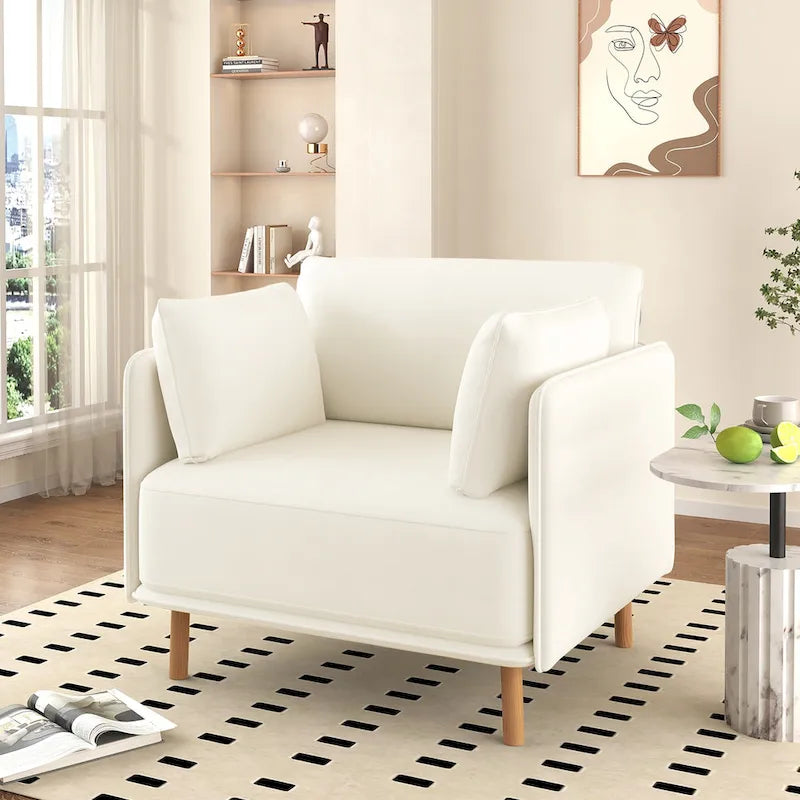 Poltrona d'accento rivestita in tessuto bianco/giallo, seduta singola, gambe in legno