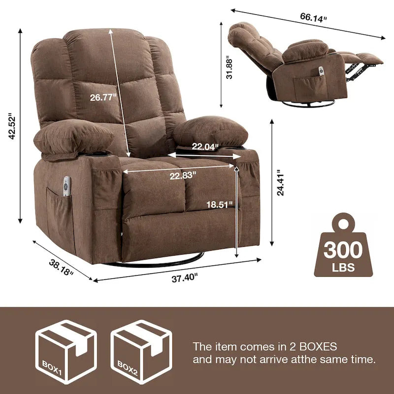 Poltrona massaggiante reclinabile in blu/marrone/grigio, singola, reclinazione 150°, a dondolo