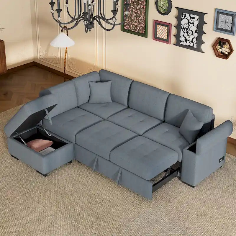 Divano angolare trasformabile a 5 posti in velluto grigio scuro/grigio/nero