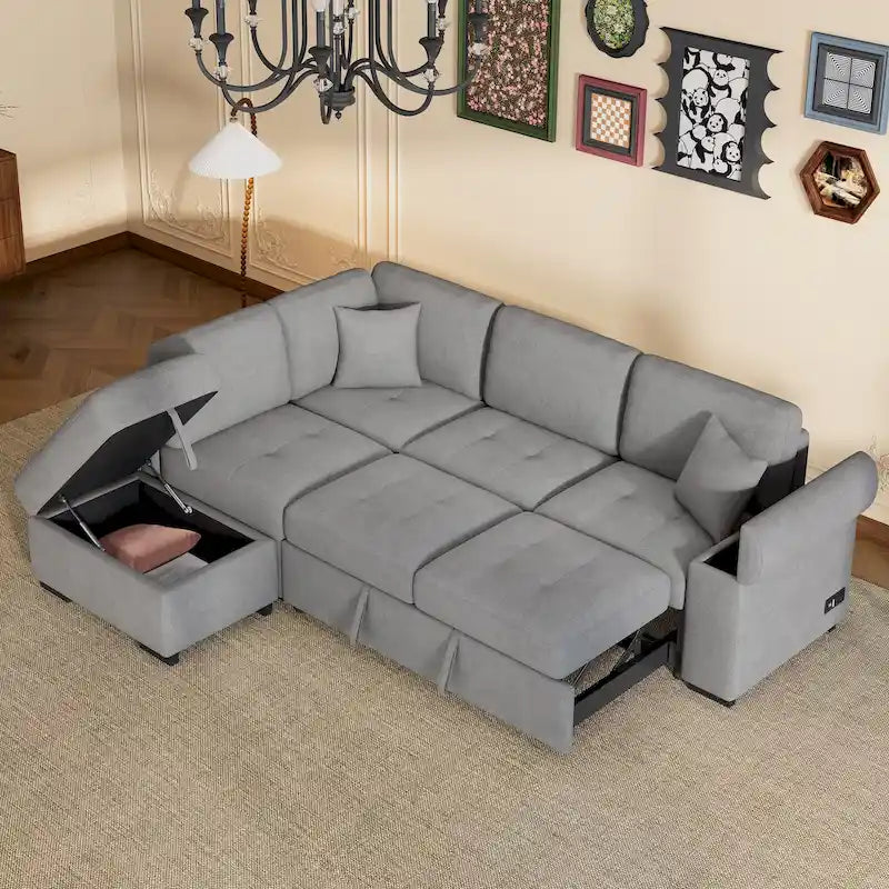 Divano angolare trasformabile a 5 posti in velluto grigio scuro/grigio/nero