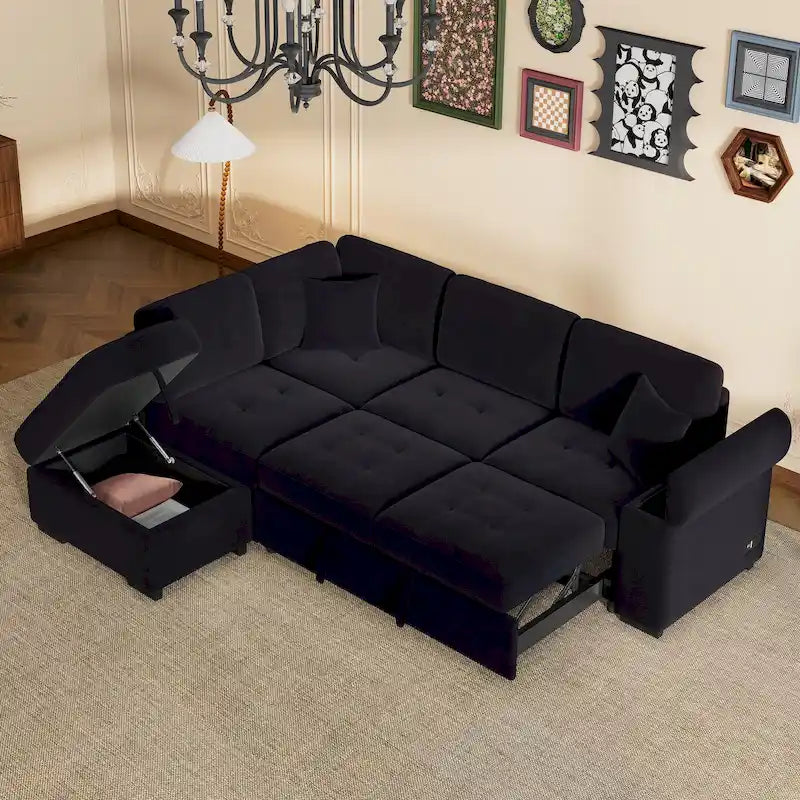 Divano angolare trasformabile a 5 posti in velluto grigio scuro/grigio/nero