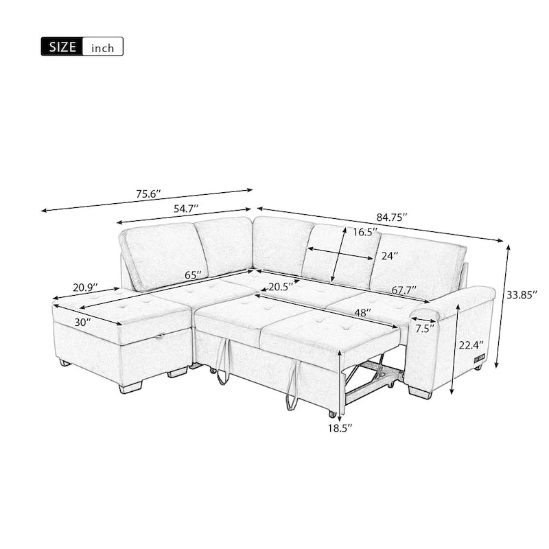 Divano angolare trasformabile a 5 posti in velluto grigio scuro/grigio/nero
