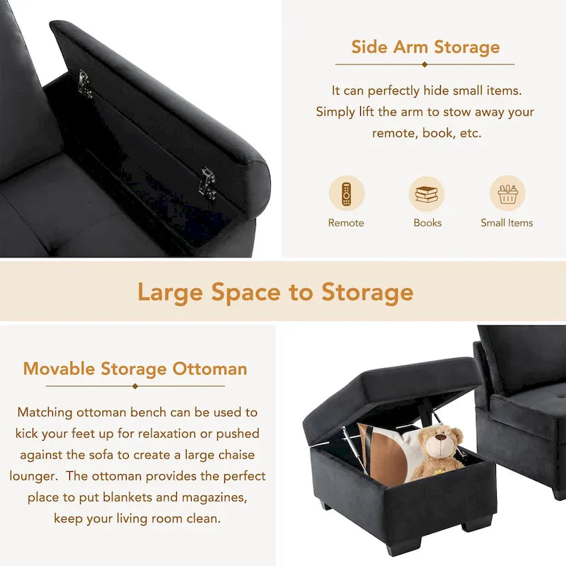 Divano angolare trasformabile a 5 posti in velluto grigio scuro/grigio/nero