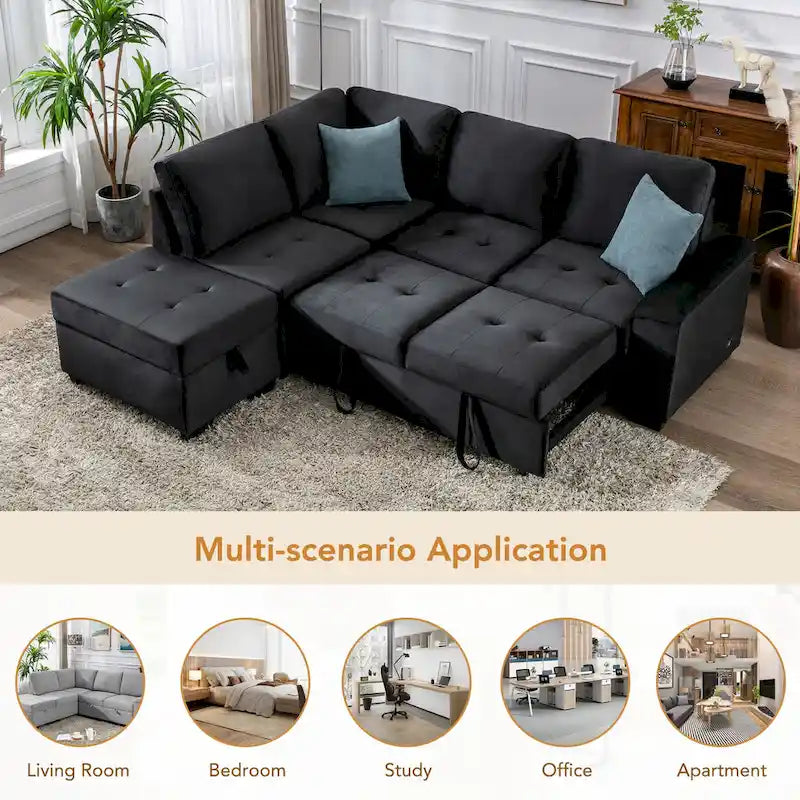 Divano angolare trasformabile a 5 posti in velluto grigio scuro/grigio/nero