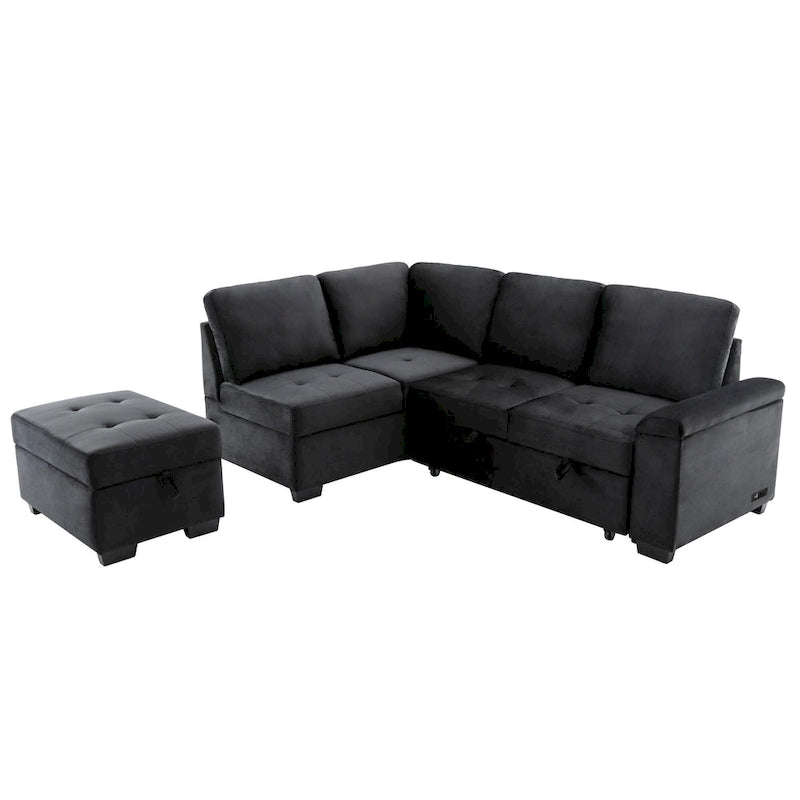 Divano angolare trasformabile a 5 posti in velluto grigio scuro/grigio/nero