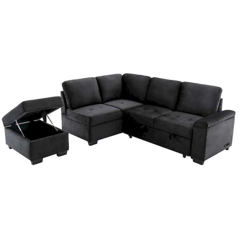 Divano angolare trasformabile a 5 posti in velluto grigio scuro/grigio/nero
