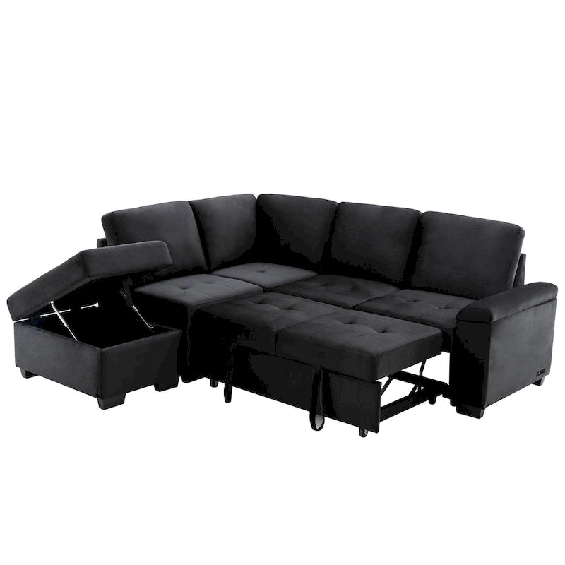 Divano angolare trasformabile a 5 posti in velluto grigio scuro/grigio/nero