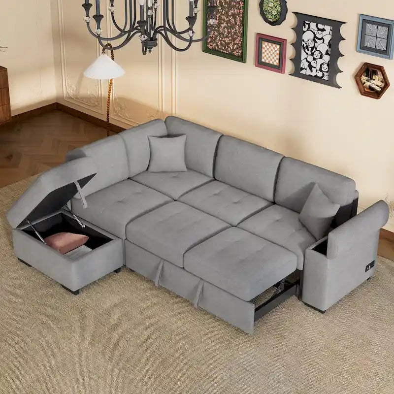 Divano angolare trasformabile a 5 posti in velluto grigio scuro/grigio/nero
