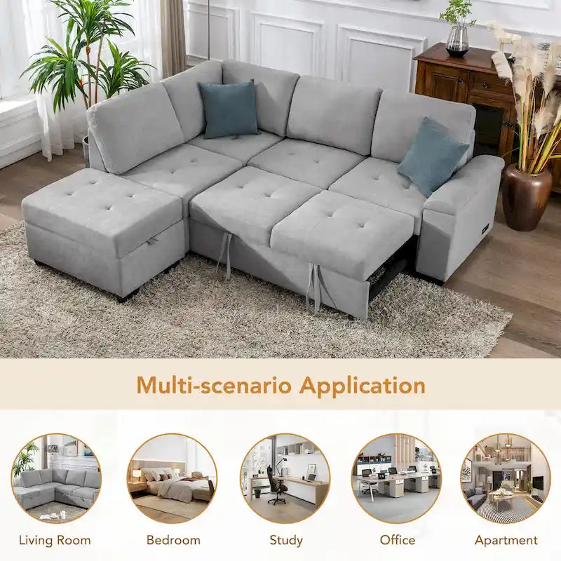 Divano angolare trasformabile a 5 posti in velluto grigio scuro/grigio/nero