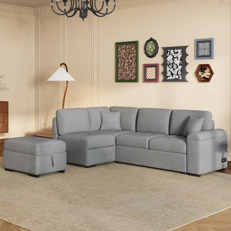 Divano angolare trasformabile a 5 posti in velluto grigio scuro/grigio/nero