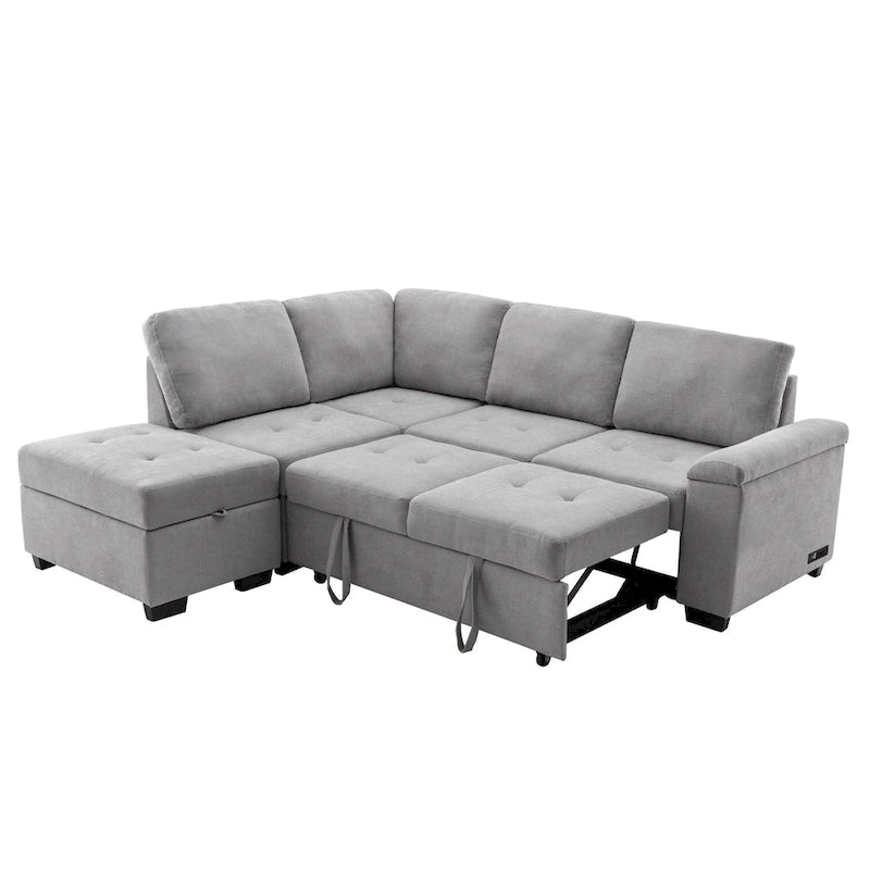 Divano angolare trasformabile a 5 posti in velluto grigio scuro/grigio/nero