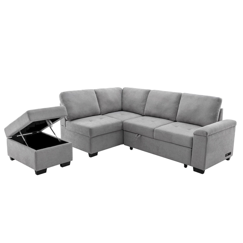 Divano angolare trasformabile a 5 posti in velluto grigio scuro/grigio/nero