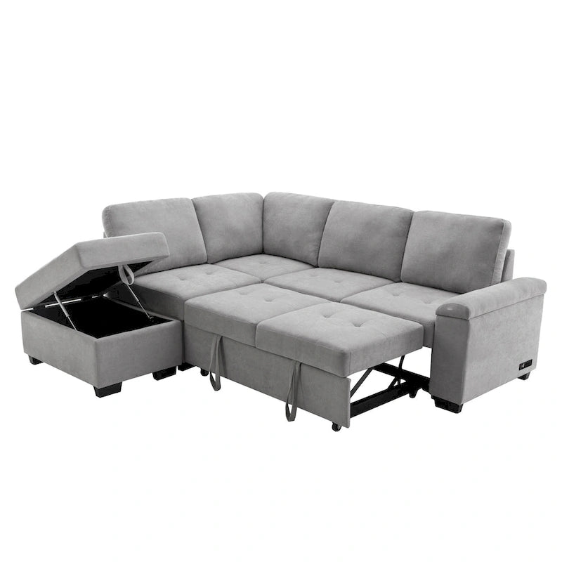Divano angolare trasformabile a 5 posti in velluto grigio scuro/grigio/nero
