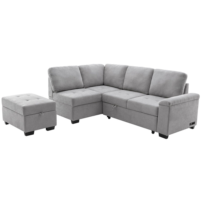 Divano angolare trasformabile a 5 posti in velluto grigio scuro/grigio/nero