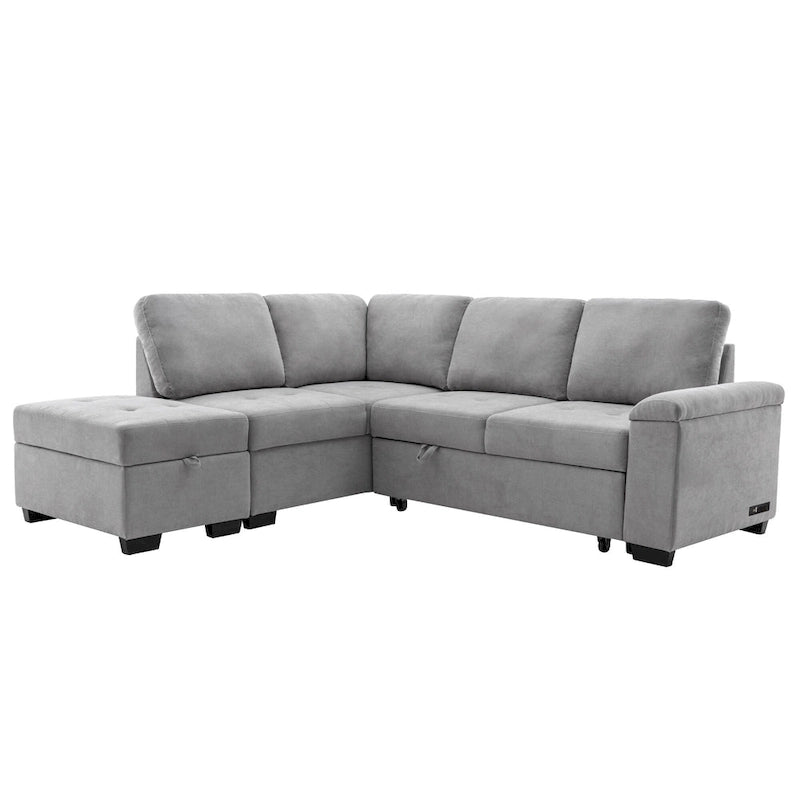 Divano angolare trasformabile a 5 posti in velluto grigio scuro/grigio/nero