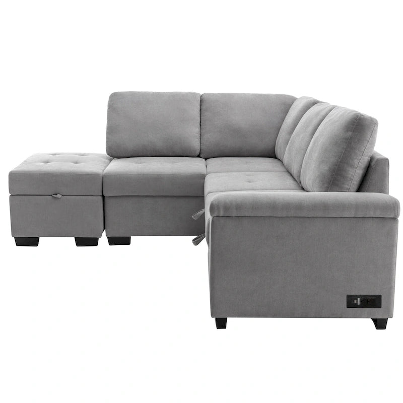 Divano angolare trasformabile a 5 posti in velluto grigio scuro/grigio/nero