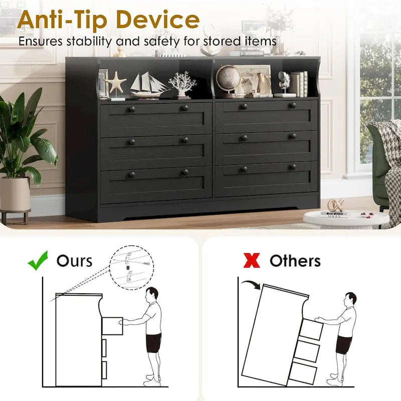 55  Wide Dresser, Wooden 6 Drawer Dresser with Led Light, Wood Dresser with Large Capacity Storage
