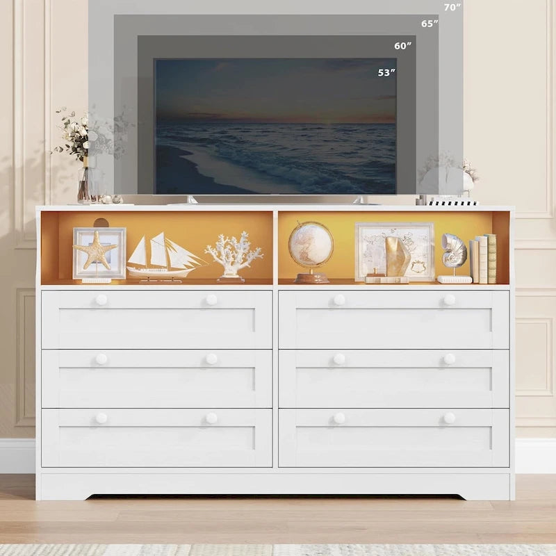 Comò a 6 cassetti bianco/nero/marrone con luce LED e presa di corrente