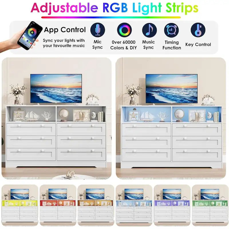 Comò a 6 cassetti bianco/nero/marrone con luce LED e presa di corrente