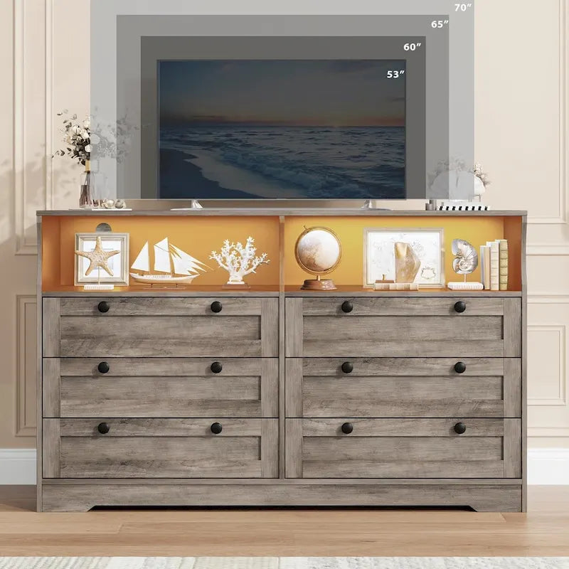 Comò a 6 cassetti bianco/nero/marrone con luce LED e presa di corrente