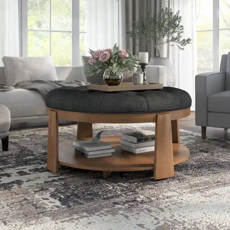 Pouf rotondo trapuntato grigio scuro/beige con rotelle, 1 posto, ripiano aperto