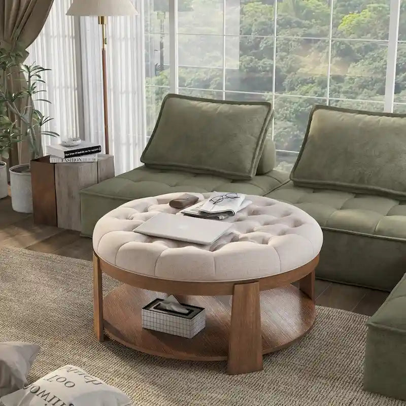 Pouf rotondo trapuntato grigio scuro/beige con rotelle, 1 posto, ripiano aperto