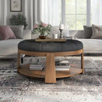 Pouf rotondo trapuntato grigio scuro/beige con rotelle, 1 posto, ripiano aperto