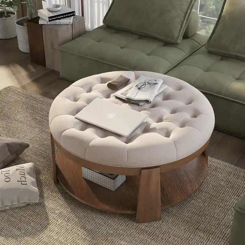 Pouf rotondo trapuntato grigio scuro/beige con rotelle, 1 posto, ripiano aperto