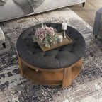 Pouf rotondo trapuntato grigio scuro/beige con rotelle, 1 posto, ripiano aperto