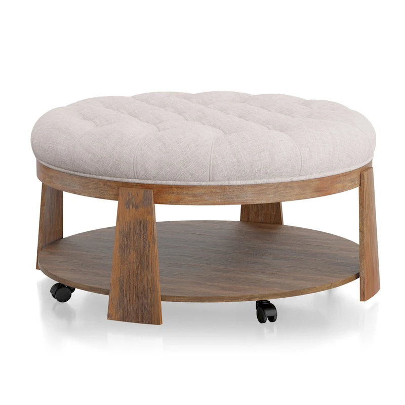 Pouf rotondo trapuntato grigio scuro/beige con rotelle, 1 posto, ripiano aperto