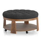 Pouf rotondo trapuntato grigio scuro/beige con rotelle, 1 posto, ripiano aperto