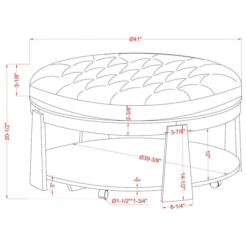 Pouf rotondo trapuntato grigio scuro/beige con rotelle, 1 posto, ripiano aperto