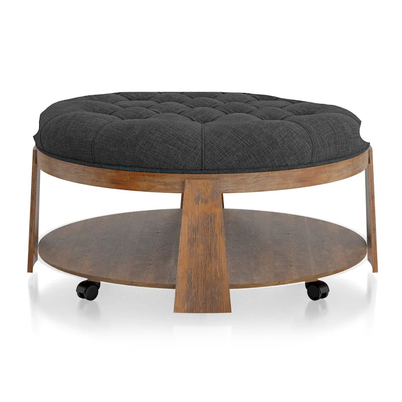 Pouf rotondo trapuntato grigio scuro/beige con rotelle, 1 posto, ripiano aperto