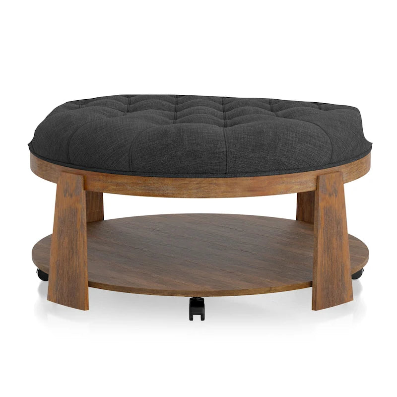 Pouf rotondo trapuntato grigio scuro/beige con rotelle, 1 posto, ripiano aperto