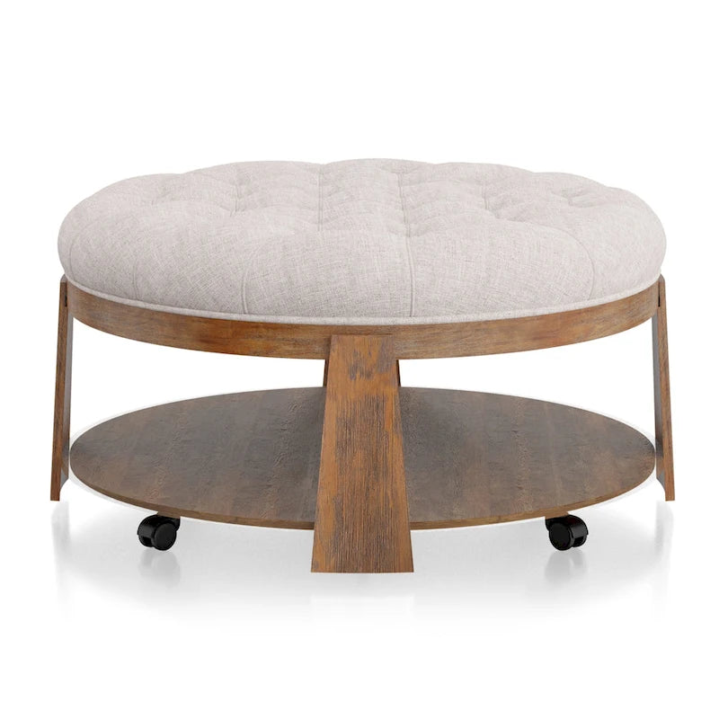 Pouf rotondo trapuntato grigio scuro/beige con rotelle, 1 posto, ripiano aperto