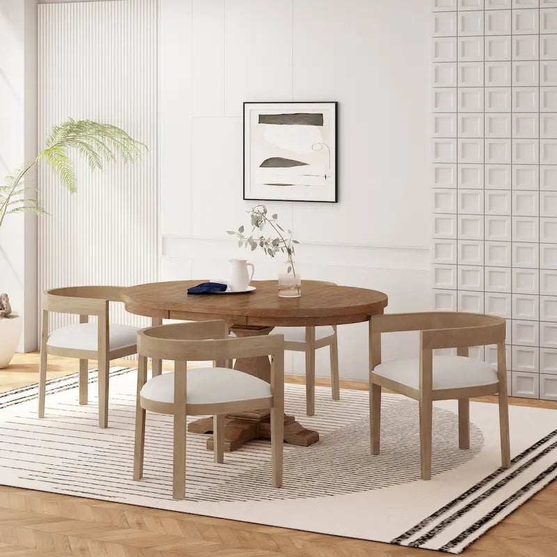 Set da pranzo 5 pezzi in frassino chiaro e tessuto per 4 persone, tavolo rotondo allungabile